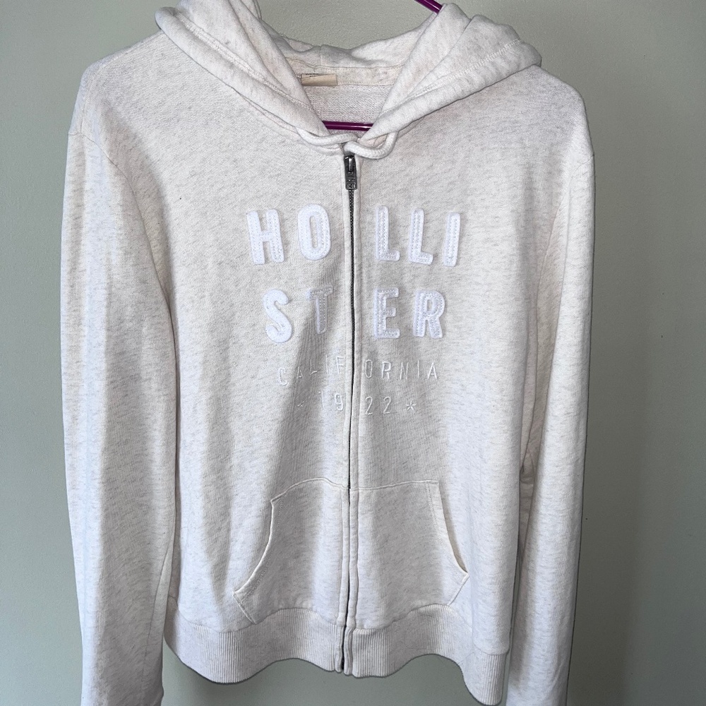 Hollister Y2K Zip-Up Hoodie Sweatshirt/Marled Beige/Large